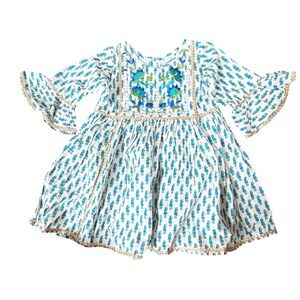 Really So Cute Girls Blue Green Floral Embroidered‎  Paisley Bell Sleeve Dress